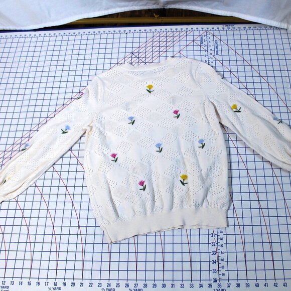 Loft Winter White Cotton Sweater with Embroidered Flowers, Large - Picture 5 of 10